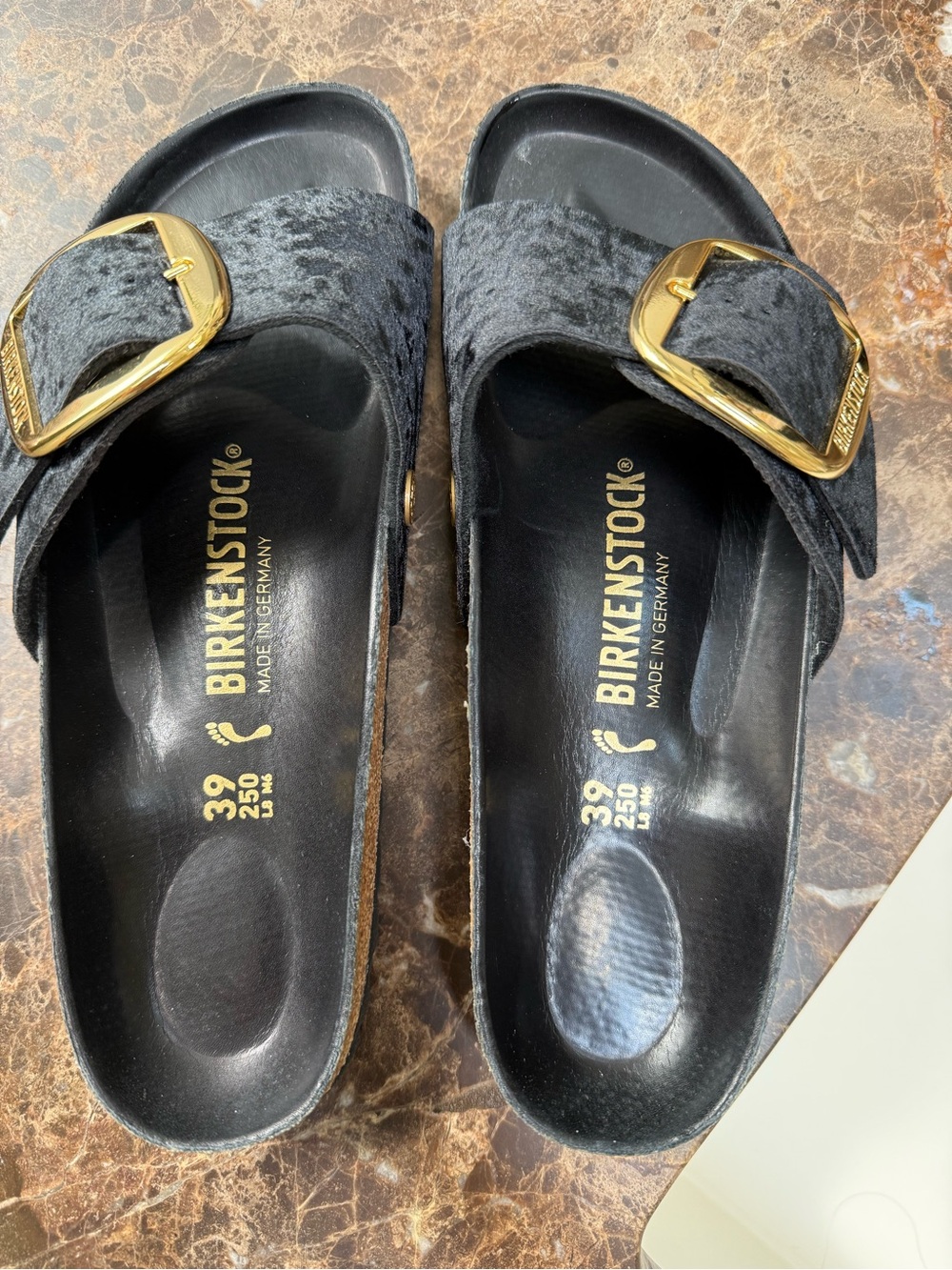 Birkenstock Women’s Black Velvet Madrid Sandals with Gold Buckles. Size39